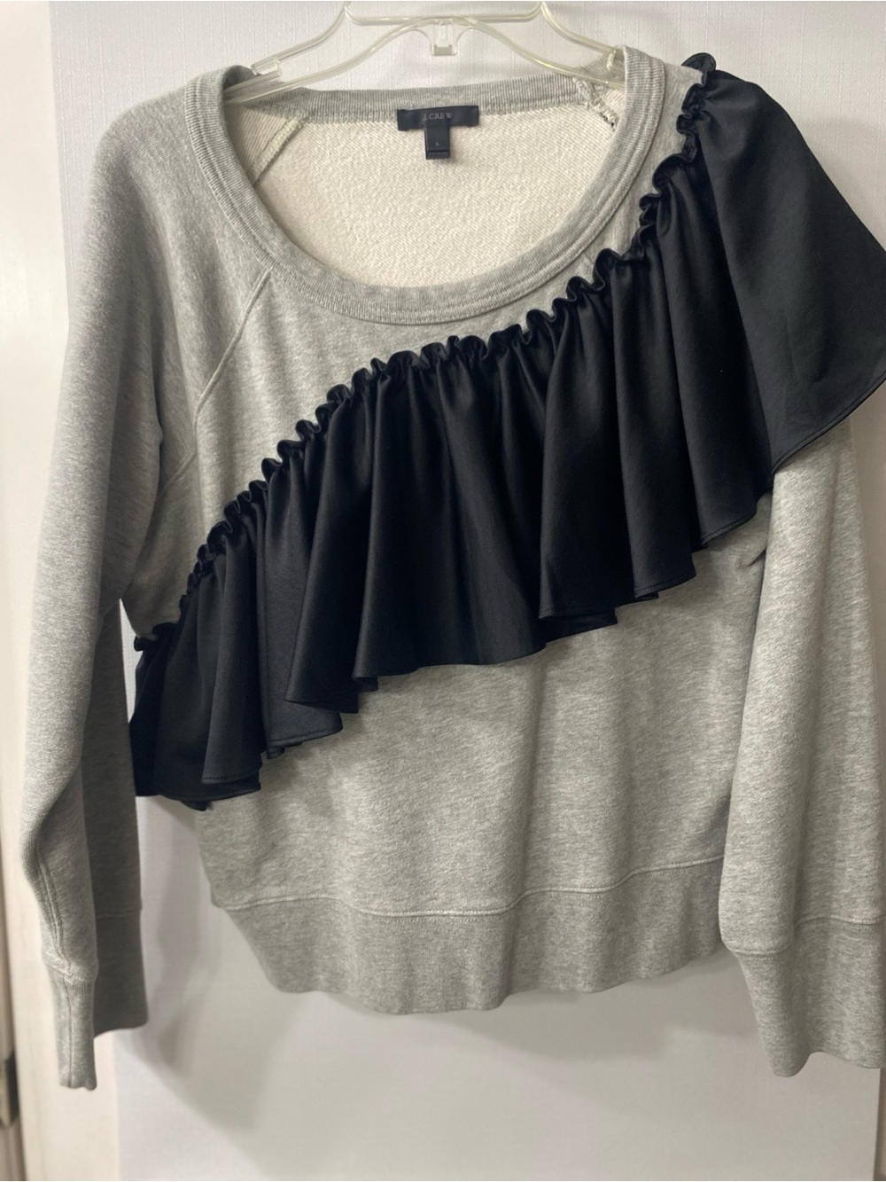 J. Crew Gray Sweatshirt with Black Diagonal Ruffle